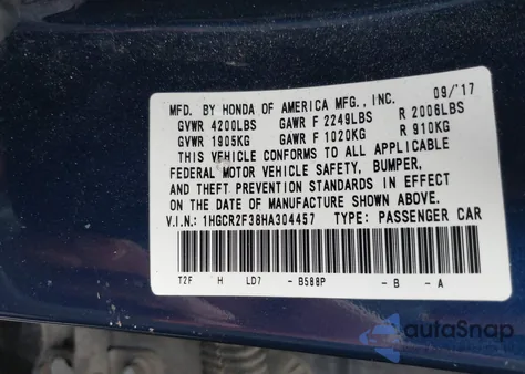 2017 Honda Accord Lx from USA, damaged, VIN 1HGCR2F38HA304457